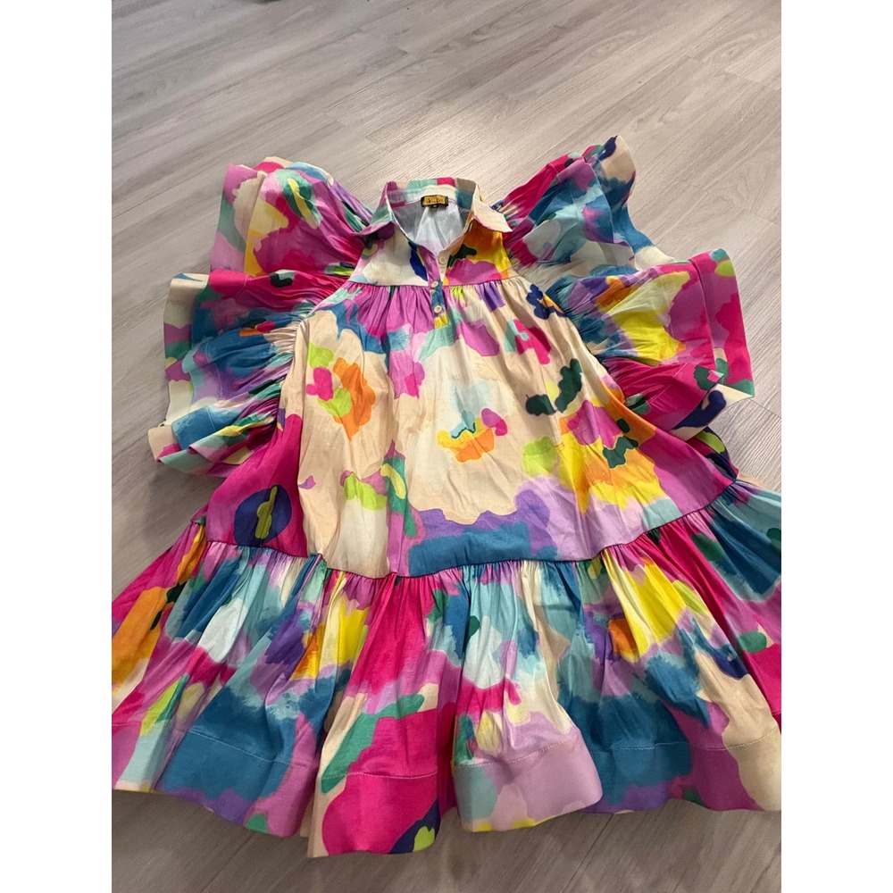 Love Highlight Dress Women Abstract Floral Ruffle Butterfly Sleeve Babydoll M - Picture 11 of 15